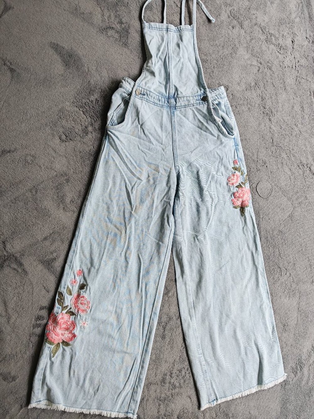 Free People x Driftwood Raphy Embroidered Denim Overalls XS Boho Wide Leg Floral - Picture 4 of 16